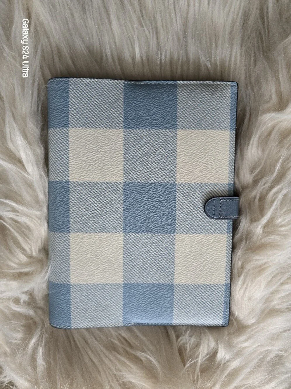 Coach Blue Gingham and White Plaid Leather Notebook Cover NEW with Snap